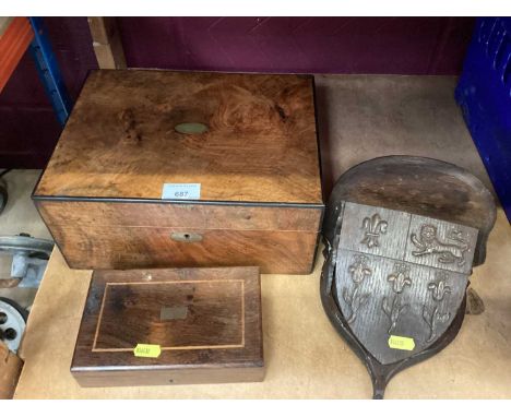Walnut writing box, heraldic shield wall bracket and wooden box