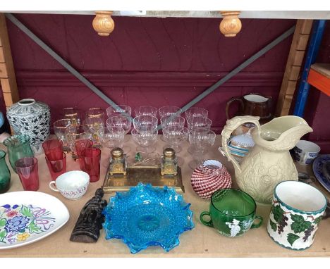 Wemyss pottery jar, brass and enamel ink stand, Victorian pottery and glass
