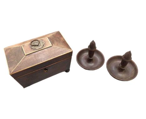 Brighton bun carved wood candlesticks, together with a Victorian wooden tea caddy