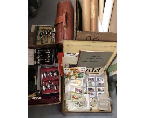 Group of cigarette cards, ephemera, boxed and loose cutlery, vintage briefcase and other sundries 
