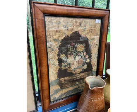19th century tapestry of vase of flowers, in glazed William and Mary style cushion walnut frame, total size 62 x 47cm