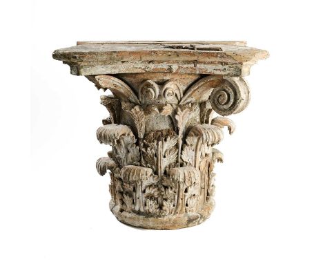 AN OTTOMAN CARVED WOOD CORINTHIAN CAPITAL, CIRCA 1800  with carved applique acanthus leaves and scrolling volutes, decorated 