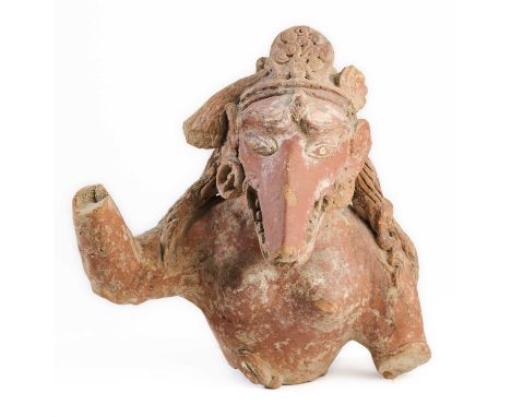 A GUPTA TERRACOTTA FRAGMENTARY BUST OF VARAHI, NORTHERN INDIA, CIRCA 5TH CENTURY  the goat headed goddess with long hair, ela