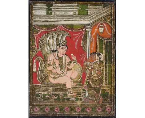 TWO TANJORE PAINTINGS DEPICTING KRISHNA, THANJAVUR, SOUTH INDIA, 19TH CENTURY gouache on paper with gesso and gilt, laid on c