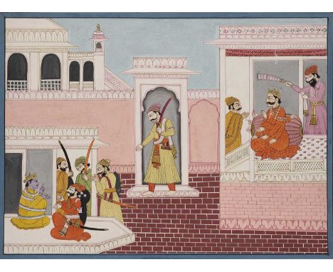 RAMA BOUND WITH THE SNAKE (NAGAPASA), PAHARI, INDIA, EARLY 19TH CENTURY  gouache with gold on paper, the hero seated on the g