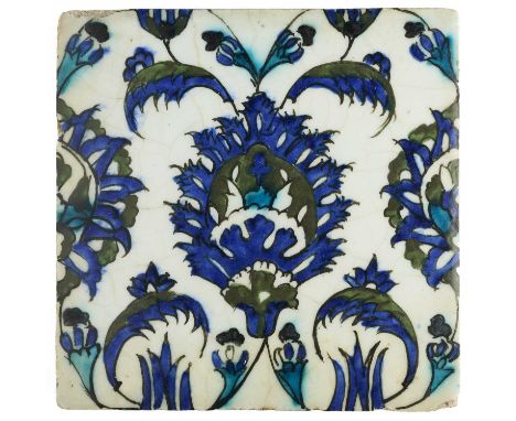 A DAMASCUS TILE, OTTOMAN SYRIA, 17TH/18TH CENTURY underglaze painted fritware, of square form, depicting a composite floral m