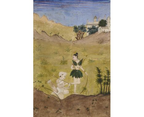 A CHENCHU HUNTRESS AND HER COMPANION, PROVINCIAL MUGHAL OR DECCAN, INDIA, 18TH CENTURY  gouache with gold on paper, the woman