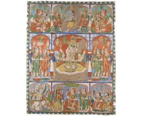 A LARGE COLOURED PRINT DEPICTING GANESHA, DECCAN, SOUTHERN INDIA, 19TH CENTURY divided into nine panels, each framed by a cus