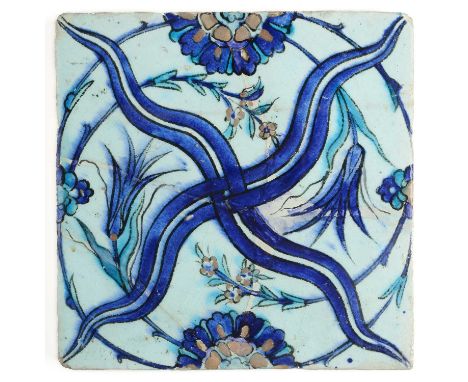 A TEKFUR SARAYI TILE, ISTANBUL, 18TH CENTURY  underglaze painted fritware, decorated with large cobalt tiger strip motifs, su