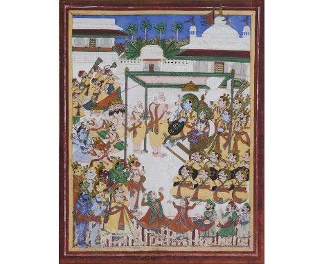 THE CORONATION OF RAMA, RAJASTHAN, PROBABLY KOTA, FIRST HALF 19TH CENTURY gouache with gold on paper, the couple seated on a 