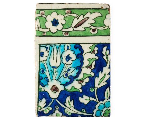 A DAMASCUS TILE FRAGMENT, OTTOMAN SYRIA, SECOND HALF 16TH CENTURY  underglaze painted fritware, of rectangular form, painted 