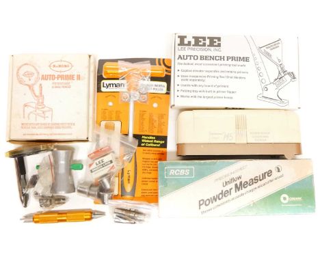 Mixed reloading equipment, to include a Lee hand primer, Auto Prime II, Auto Bench Prime, three breech lock brushes, RCBS pow