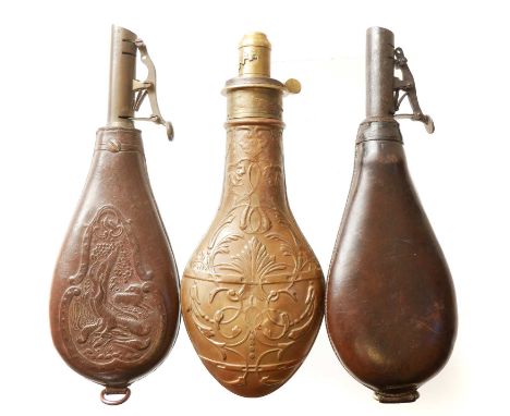 Powder flask and two shot flasks.22cm high.