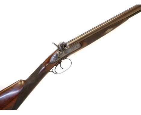 James Burrow percussion 20 bore side by side shotgun, 28inch boldly patterned Damascus barrels with platinum breach plugs, th