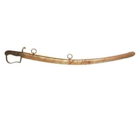 British 1796 pattern troopers sabre and scabbard, curved blade with single fuller, fish skin bound grip, one langet missing, 