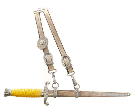German WWII Third Reich Army dagger and scabbard, with suspension straps, the eagle of the crossguard lacks it's swastika, al