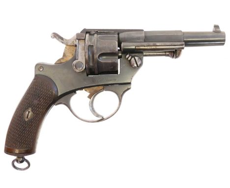 French Ordnance 11mm service revolver, 4.25 inch barrel, St Etienne arsenal stamp to the frame, six-shot cylinder, chequered 