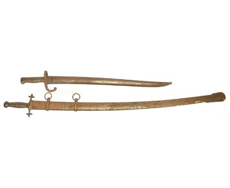 French Chassepot M.1866 pattern bayonet and scabbard, with 1868 spine date, also an infantry sabre with ribbed Gladius style 