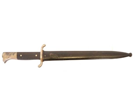 German fire department parade bayonet and scabbard, 9 3/4inch blade, the ricasso stamped Solingen. Buyer must be over the age