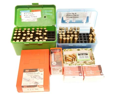 9.3 x 74R reloading dies and components, to include a Hornady two die set and shell holder, seventy four brass cases, three p