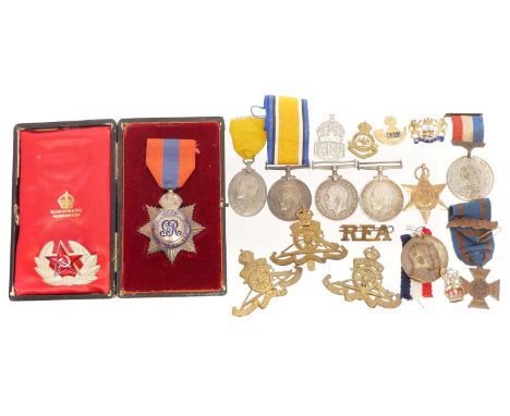 Collection of medals and cap badges, to include three British War Medal 1914-1918, for 37326 Private J. Leather Hampshire Reg