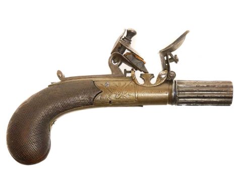 Flintlock pocket pistol by Rawlins of London, 1.5inch fluted 100 bore turn off barrel, brass box lock action engraved with st