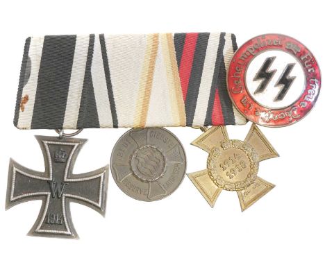 German Iron Cross, also a 1914-1918 Honour Cross, Bavarian Landwehr service medal all on ribbon bar, also an Eastern front de