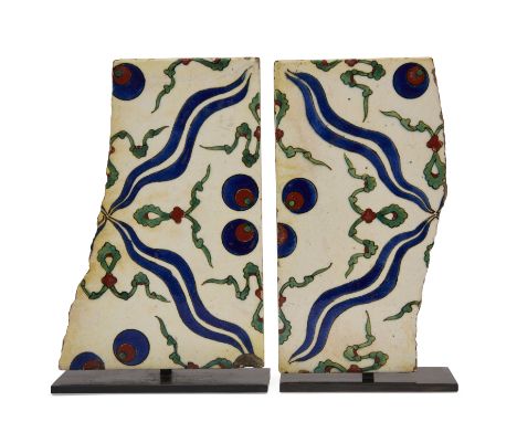 Two Tekfur Saray Separate Fragmentary Square Pottery Tiles, Ottoman Turkey, mid 18th century, of the same series, with underg