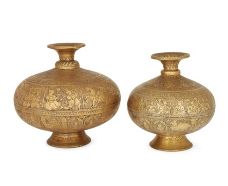 To be sold with no reserveTwo  brass chambu lota holy water vases, North India, circa 1760, of globular form on short flaring