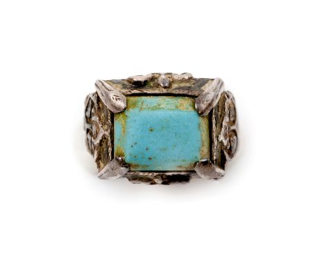 Property from a Private London CollectionA Seljuq turquoise set niello and silver ring, Persia, 12th century, with rectangula