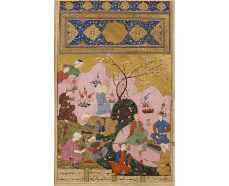 A Safavid illustration from a manuscript depicting an outdoor celebration, Iran, early 17th century, ink and opaque pigments 