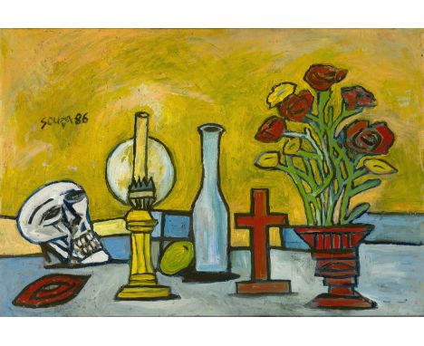 F.N. Souza (Indian 1824-2002), Still Life (skull, cross, oil lamp), 1986, oil on canvas, 120 x 60cm. (47.2in. x 23.6in.)Prove