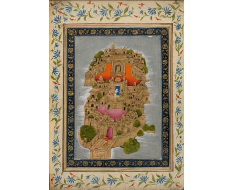 A view of Ravana's palace at Lanka, Alwar, North East Rajasthan, circa 1820, opaque pigments heightened with gold on paper, t