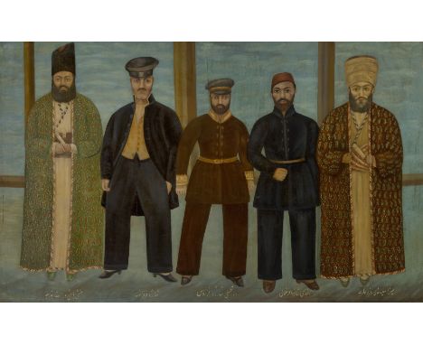 A large Qajar painting depicting Persian dignitaries with European diplomats by a follower of Samsan Ibn Zulfiqar Musavvir Al