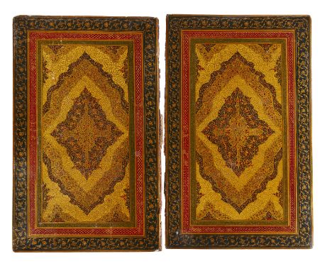 Property from a Private London CollectionA large lacquered papier mache binding, Qajar Iran, 19th century, the upper and lowe