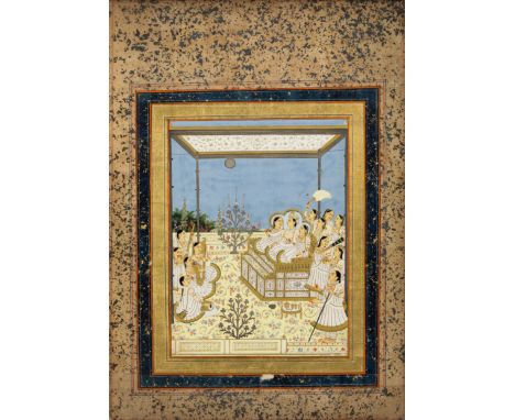 A ruler entertained, Jaipur, North East Rajasthan, circa 1820, opaque pigments heightened with gold on paper, flanked by cour