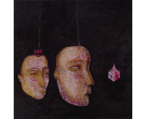 Meher Afroz (Pakistani b. 1948), Untitled, crowns from the Pindaar series, mixed media on board, circa 2003, 40 x 40cm.Proven
