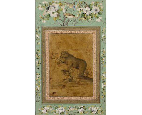 A Qajar grisaille painting of a bear, Zand or Qajar Iran, late 18th century, pen and ink on lacquered paper, a bear, his tong