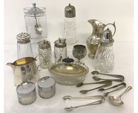A box of vintage glass and silver plate ware. To include sugar sifters, condiment jars &amp; sugar tongs 