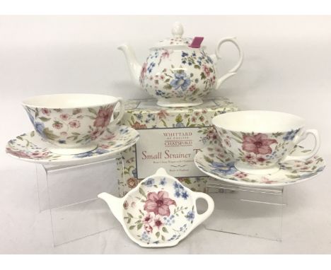 Brand New, Whittard of Chelsea, ex stock, "Victoria Chintz" tea set. Comprising: boxed small strainer teapot, 2 cups &amp; sa