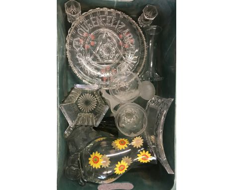 A box of assorted vintage glassware. To include coronation plate, cake stands and vases. 