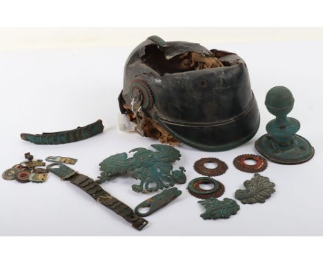 WW1  Relic Officers  Prussian Artillery  Kugelhelm: Relic condition helmet with badge ,cockades and fittings, remains of  sca