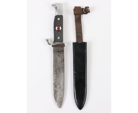 WW2 German HJ Knife: Copy HJ knife with maker to blade complete with metal scabbard and leather belt loop