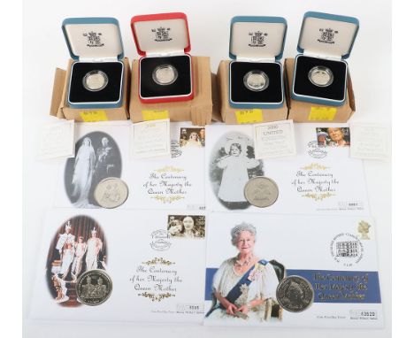 One Pound Piedfort 2000, with three other silver One Pound coins, with five first day cover crowns, (9)