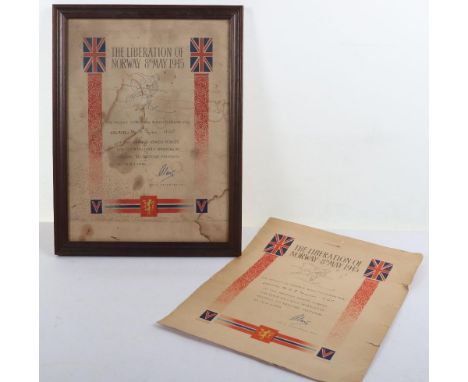 WW2 Liberation of Norway Document, framed and glazed document presented to "5569286 Pte J Ryan aac", issued by the Norwegian 