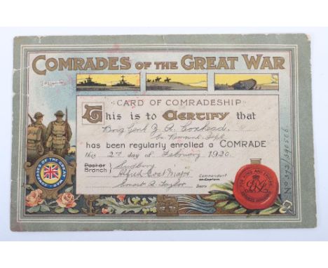 British Comrades of the Great War Certificate of Brigadier General J A Coxhead ex Remount Department, the printed coloured ce
