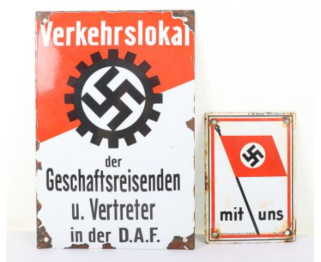 WW2 German NSDAP and DAF Enamel Signs: DAF enamel sign, wear/damage to corners to sign size 20 cms x 30 cms and small NSDAP e