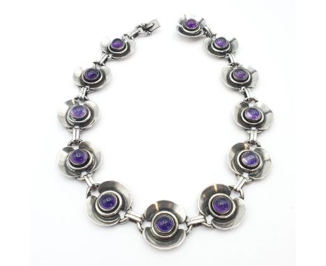 A Danish Modernist Necklace in silver set cabochon amethyst stones, with concealed clasp stamped STERLING DENMARK 925S DGH, d