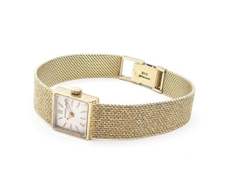 A lady's Eterna Wristwatch the square silvered dial with hourly baton markers, case width approx 15mm, on integral textured b