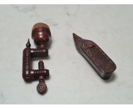A Victorian Sewing Clamp/Pin Cushion and an antique wooden Snuff Box carved in the form of a shoe with sliding cover, 4 1/4in